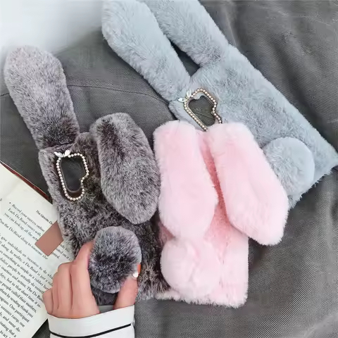 Soft Fur Phone Case For Samsung Galaxy S24 Ultra S23 S22 Plus S21 S20 FE S10 Lite S9 S8 3D Furry Rabbit Bunny Warm Plush Cover