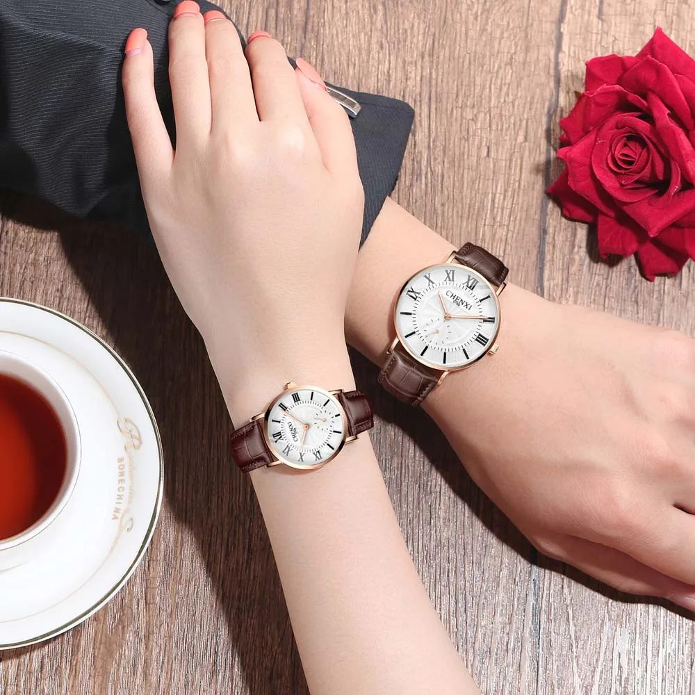 CHENXI Couple's Matching Watches Stylish Women's Quartz Watch with Round Dial  Leather Strap Men's Watch Set Gift for Couple