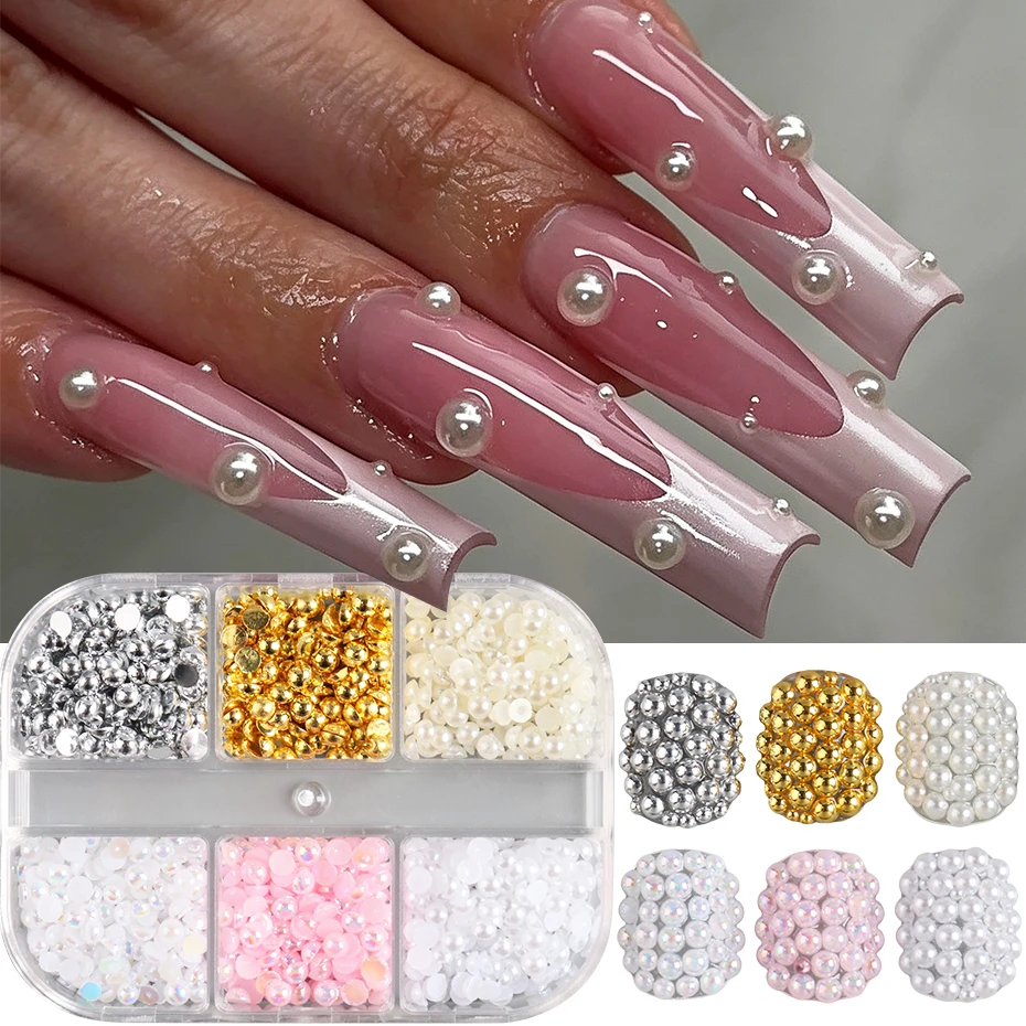 6 Gitter 3D Halbrunde Perlen-Nagelcharms Gold Silber Weiß Beige Rosa Perlen Nagelkunst-Dekorationen Hochzeits-Nagelzubehör