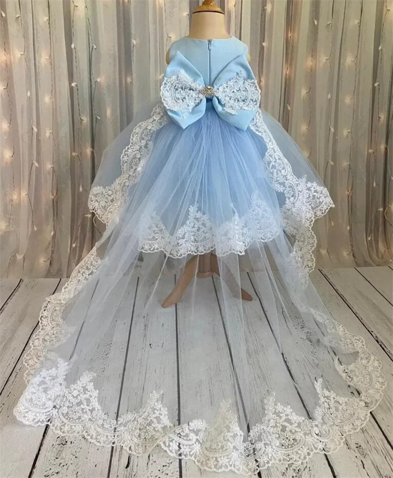 Sky Blue Flower Girl Dresses Tulle Appliques Wedding Birthday Party Knee Length Baby Kids Bow Pageant First Communion Gown