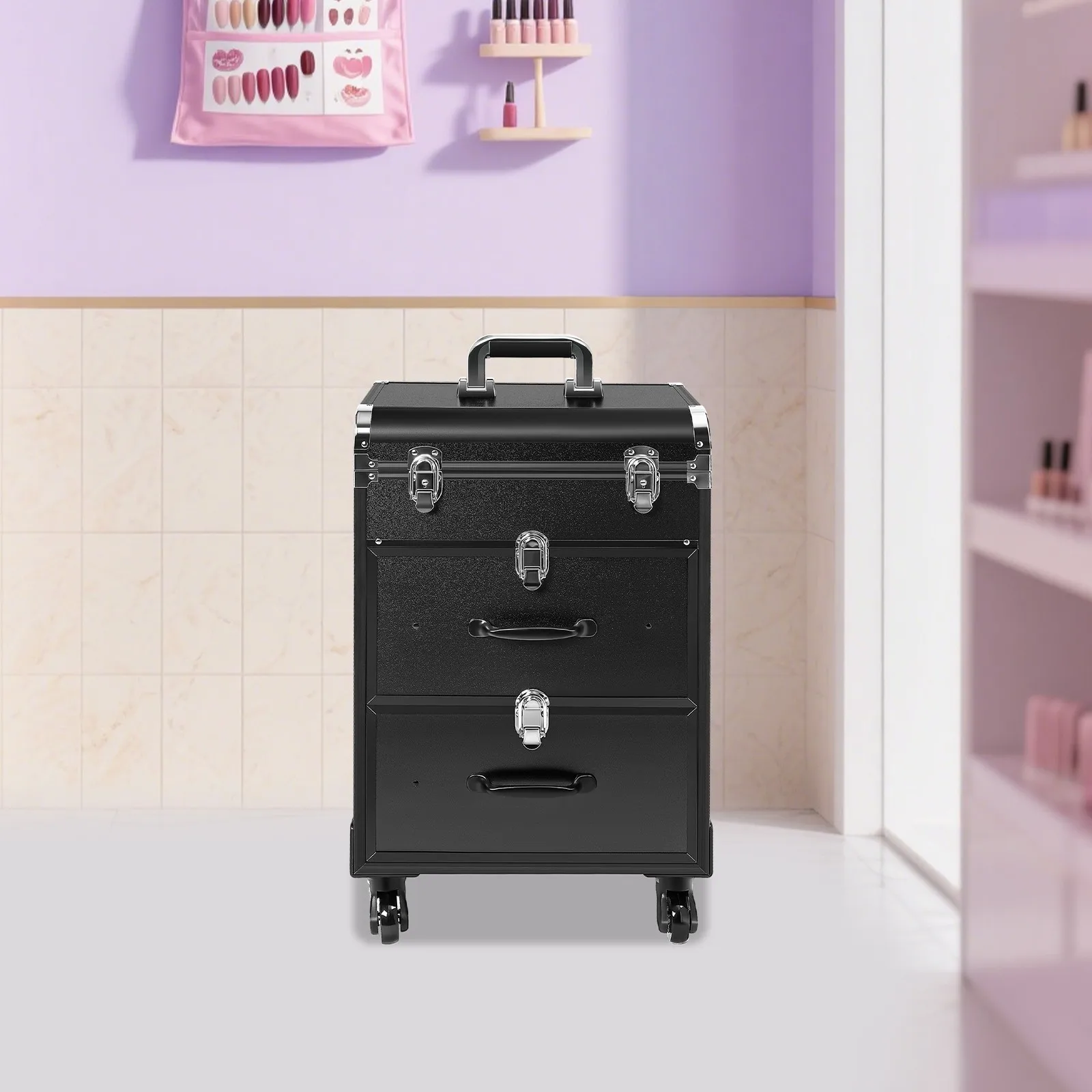 Professional Barber Case with Wheels,Rolling Nail Case,Rolling Makeup Cases with Wheels & Drawers, Salon Barber Cases