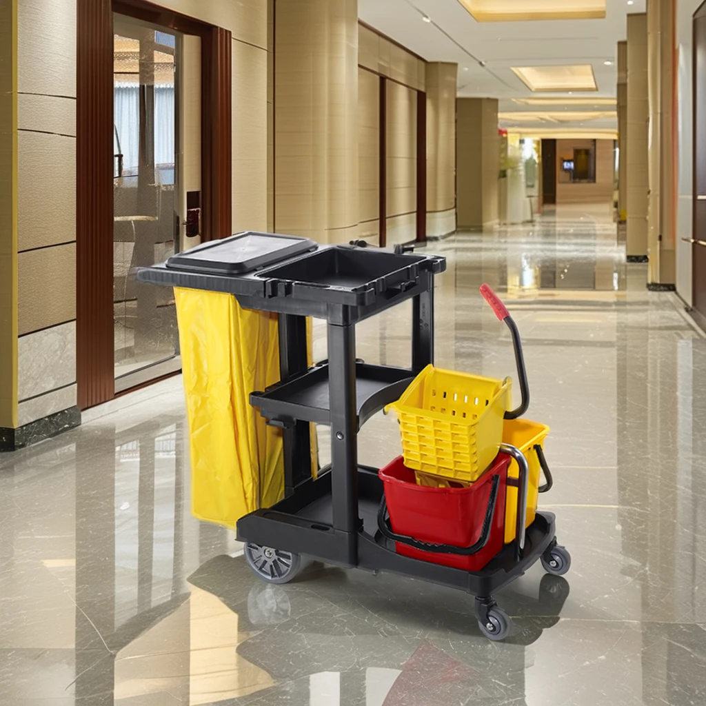Commercial Hotel & Restaurant Janitor Cart Yellow Plastic Cleaning Trolley Refuse Bag Buckets Wringer For Housekeeping Service