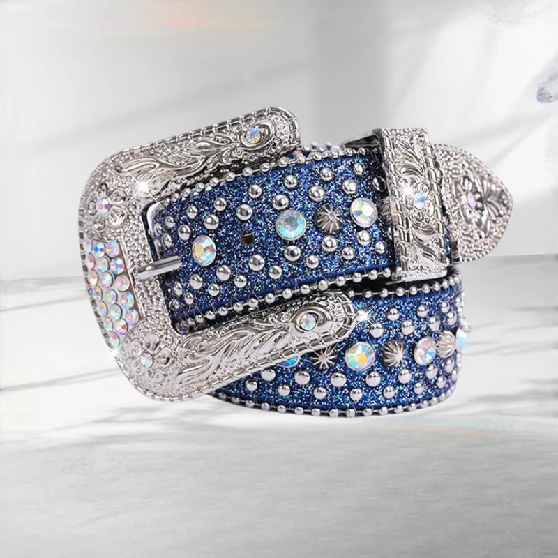 Western Wide Rhinestone PU Leather Women Belt Rhinestone Flower Design Pin Buckle With Jeans Belt for Ladies