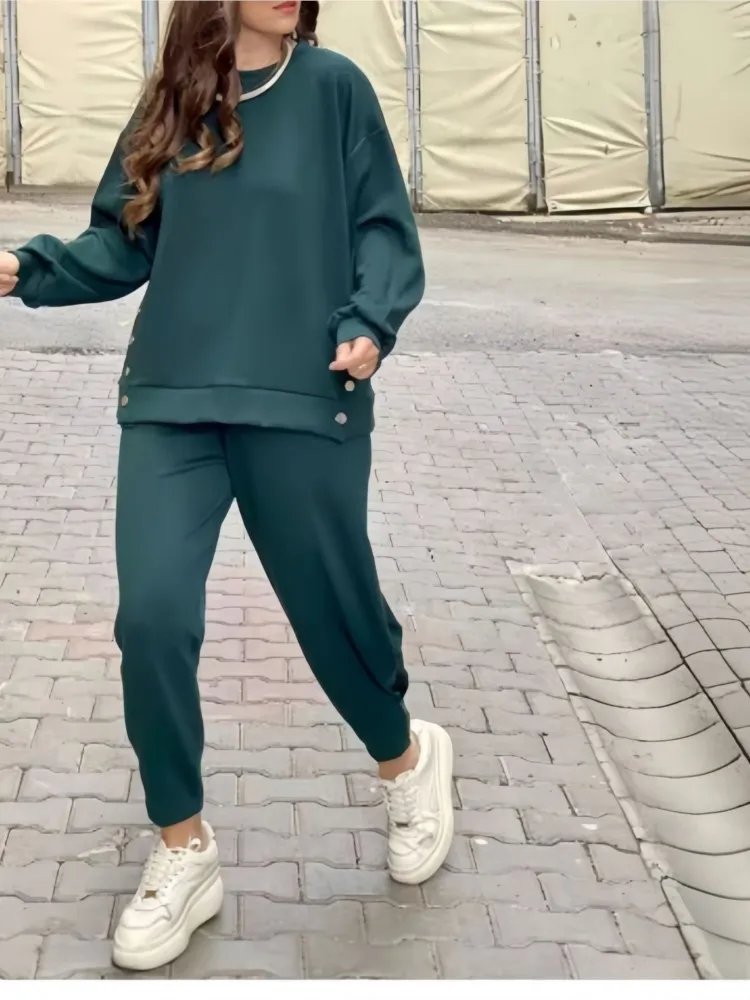 2025 outono inverno casual botão solto conjuntos de duas peças moda feminina novo o pescoço agasalho sweatshirts dividir topos calças compridas terno