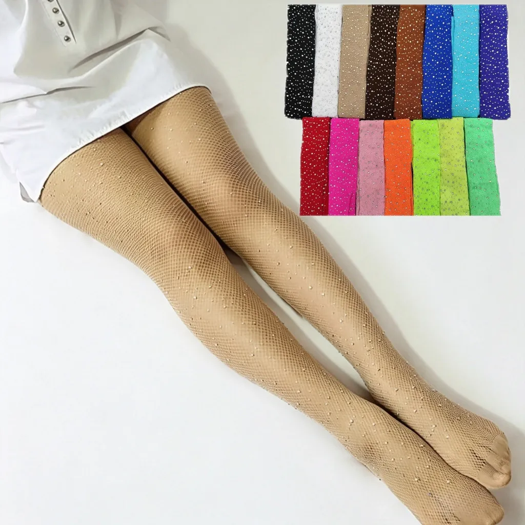Fishnet Diamond Pantyhose Women  Fashion Shiny Net Tights Female Slim Rhinestone Mesh Nylon Stockings Tights