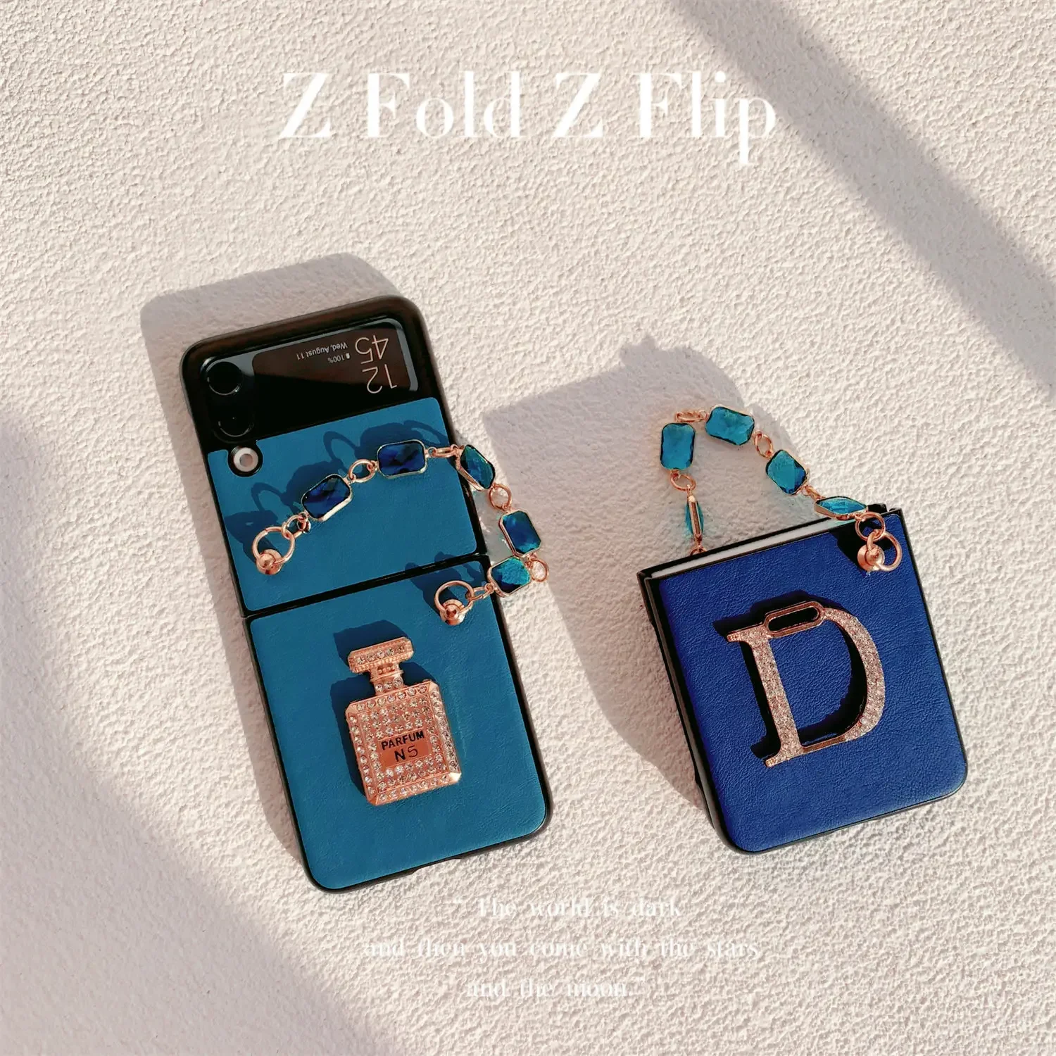 Blue Leather Case for Samsung Z Flip3 Galaxy Z Flip2 for Woman With Bracelet Elegant Perfume Bottle Design Case For Z Flip4