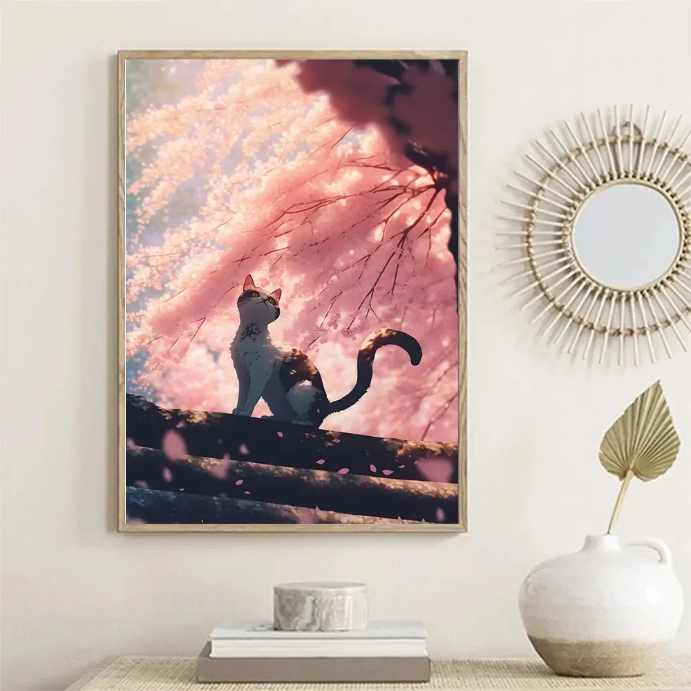 Japanese Anime Cat Overlooking Cherry Blossom Tree Wall Art Canvas Painting Fashion Poster Wall Pictures Home Decor Living Room