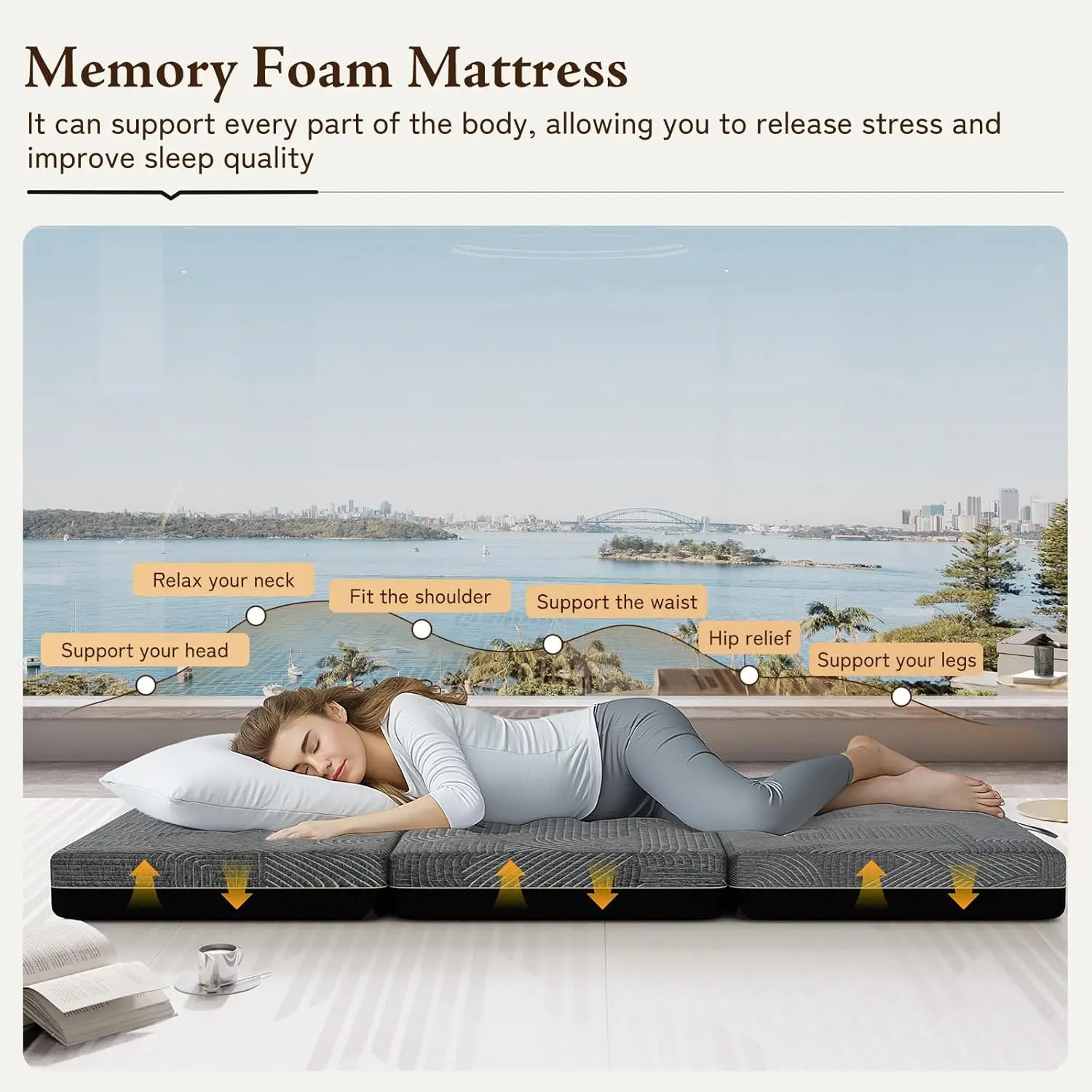 Tri Folding Mattress Twin Size - Memory Foam Tri-Fold Mattress, Handle & Non-Slip Bottom, Portable Foldable Sofa Bed Floor