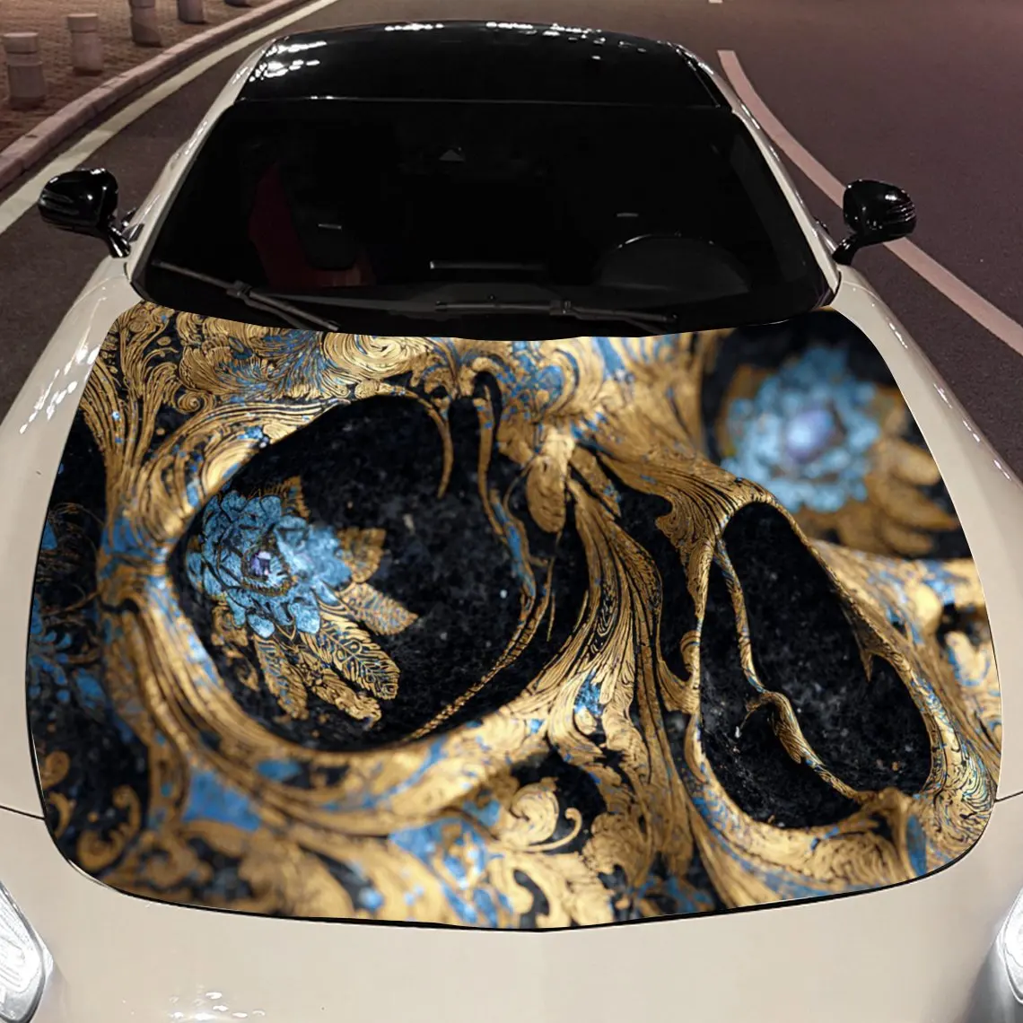 

Blue Lotus Pattern Skull Car Hood Vinyl Stickers Car Surface Protection Decal Car Decoration Cover Vinyl Wraps Waterproof Self-a