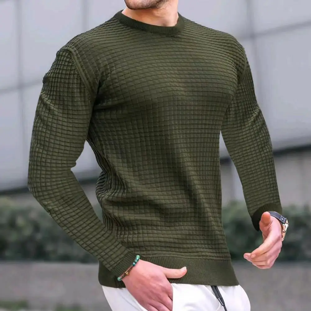 Men Solid Color Sweatshirt Men Pullover Men's Slim Fit Long Sleeve Checked Texture O Neck Pullover T-shirt Solid for Spring