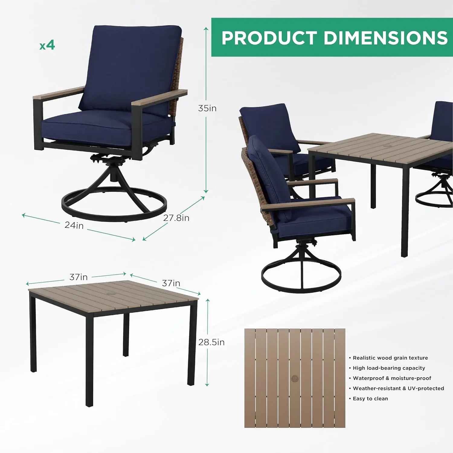 #5pc Patio Dining Set Swivel Chairs Square Table Umbrella Hole Removable Cushion All Weather Backyard Garden,Customized