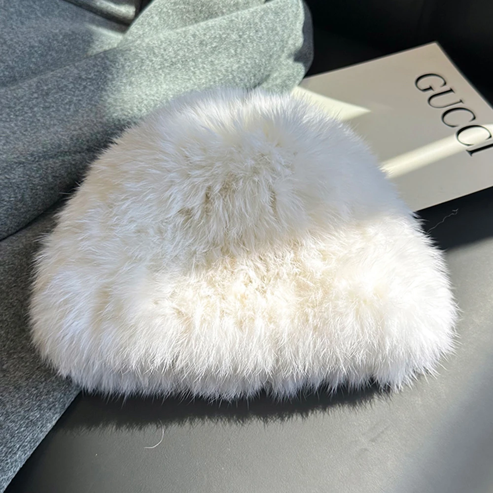 Women Winter Warm Real Rabbit Fur Hat Snow Cap Winter Hats for Women Girls Real Fur Knit Skullies Beanies Natural Fluffy Hat