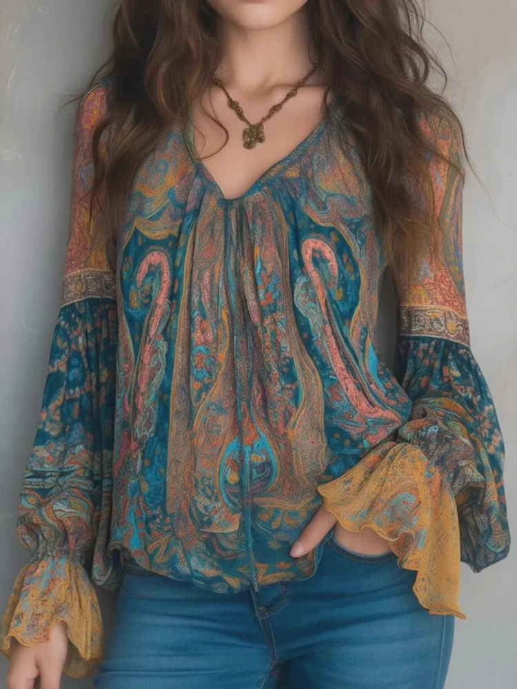 Ethnic Women Vintage Bohemian Tops Ruffled Long Sleeve V-Neck Casual Blouse Shirts Fashion Paisley Printed Boho Beach T-Shirts view 2