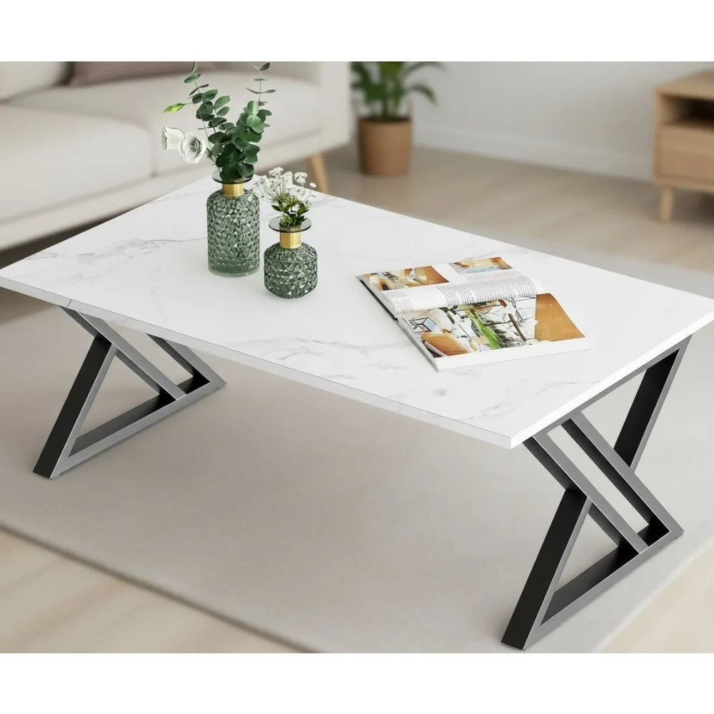 

Modern White Faux Marble Coffee Table with Black Metal Frame for Living Room Bedroom Office