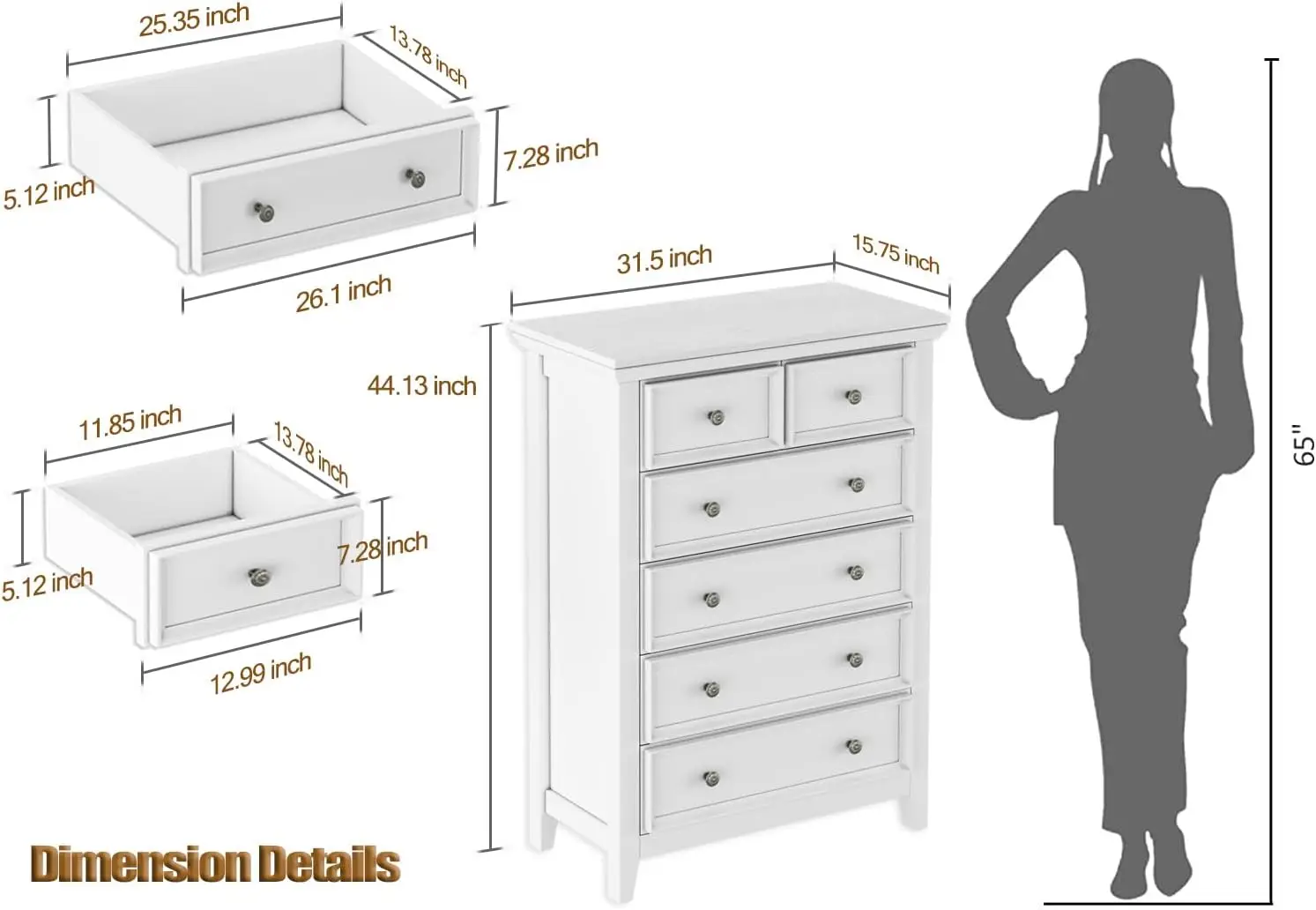 White Dresser for Bedroom, 6 Chest of Drawer, 6 Drawers Dresser Tall Nightstand, Modern White Storage Drawers Cabinet for Living