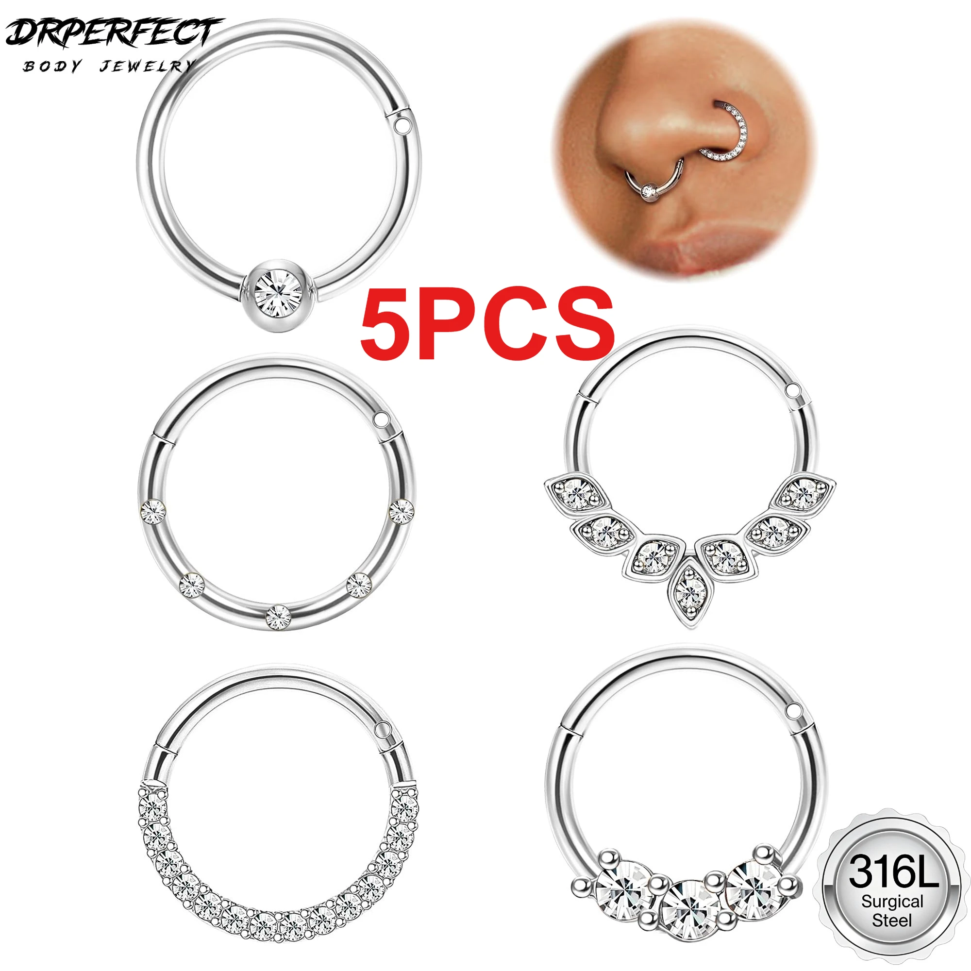 Drperfect 16G 316L Stainless Steel Cartilage Helix Tragus Nose Hoop Piercing Jewelry Gold  Plated CZ Hinged Septum Clicker Rings