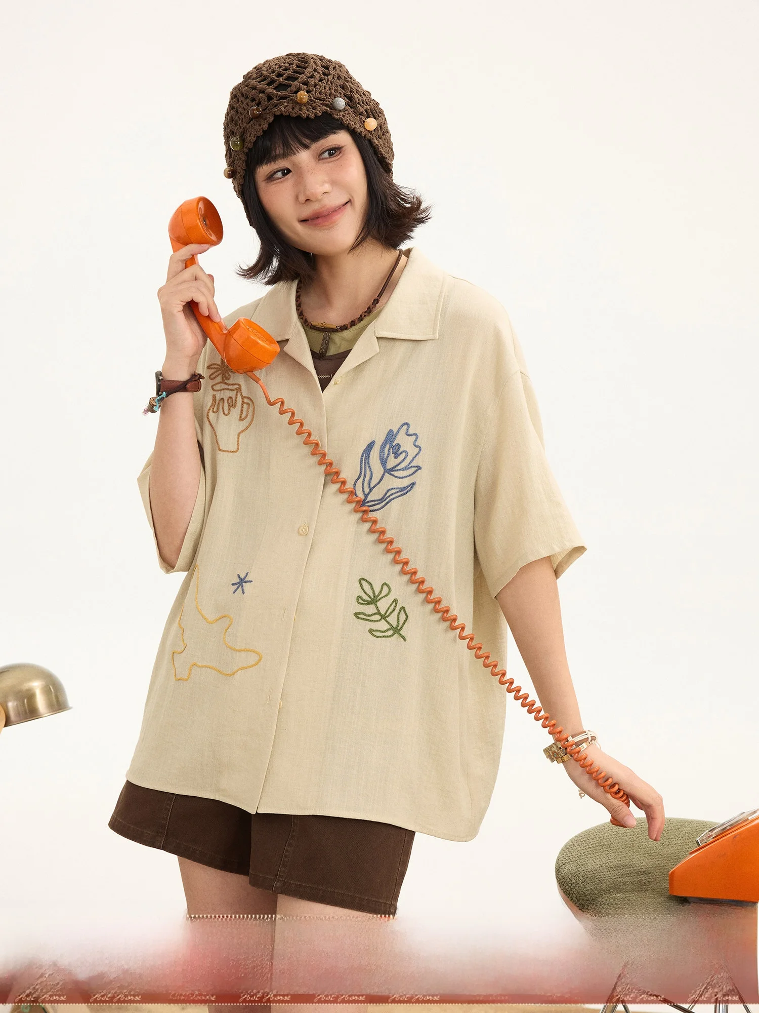 

Loose Cuban Collar Shirt Women's Casual Style Mixed Fabric Embroidery Texture Cotton Linen Blend Short Sleeve Summer Shirt