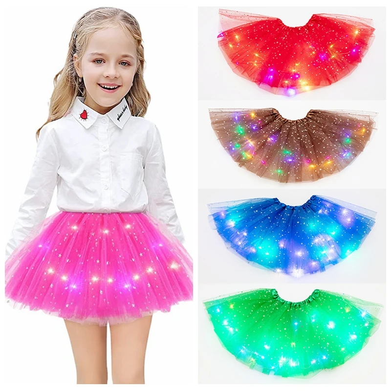 Soft Tulle Sparkle Skirt Girls Sequins  LED Glowing Light Flower Princess Tutu Skirts Fairy Costume Light Up Skirt 1PC Dropship