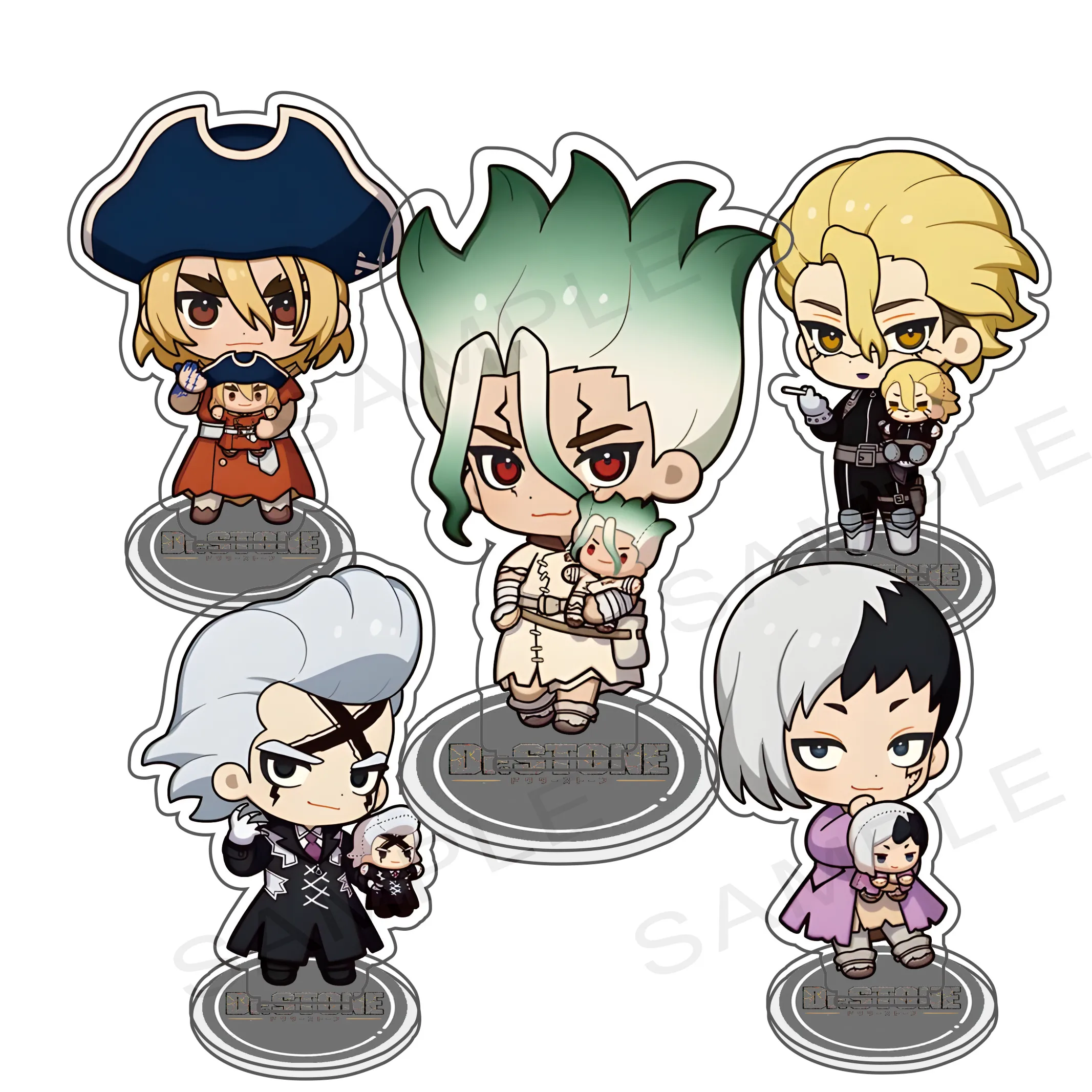 Figura de 10 cm de Dr. Stone con un bebé en brazos (versión especial) Figura de Xeno, linda figura de acrílico, mini placa de exhibición de Stanley Snyder, Ishigami Senku, Keych