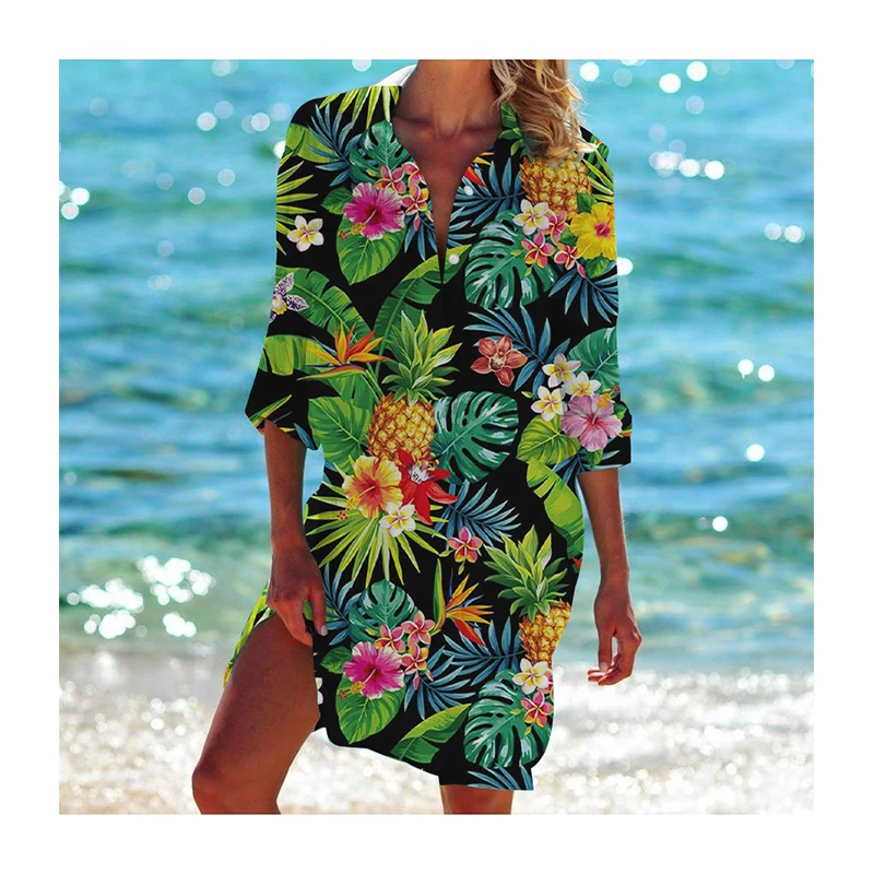 Tropical Plants Fruit 3D Print Beach Blouses Women Long Sleeve Blusas Mid-length Shirts Buttons Shirt Summer Blouse Pocket Tops