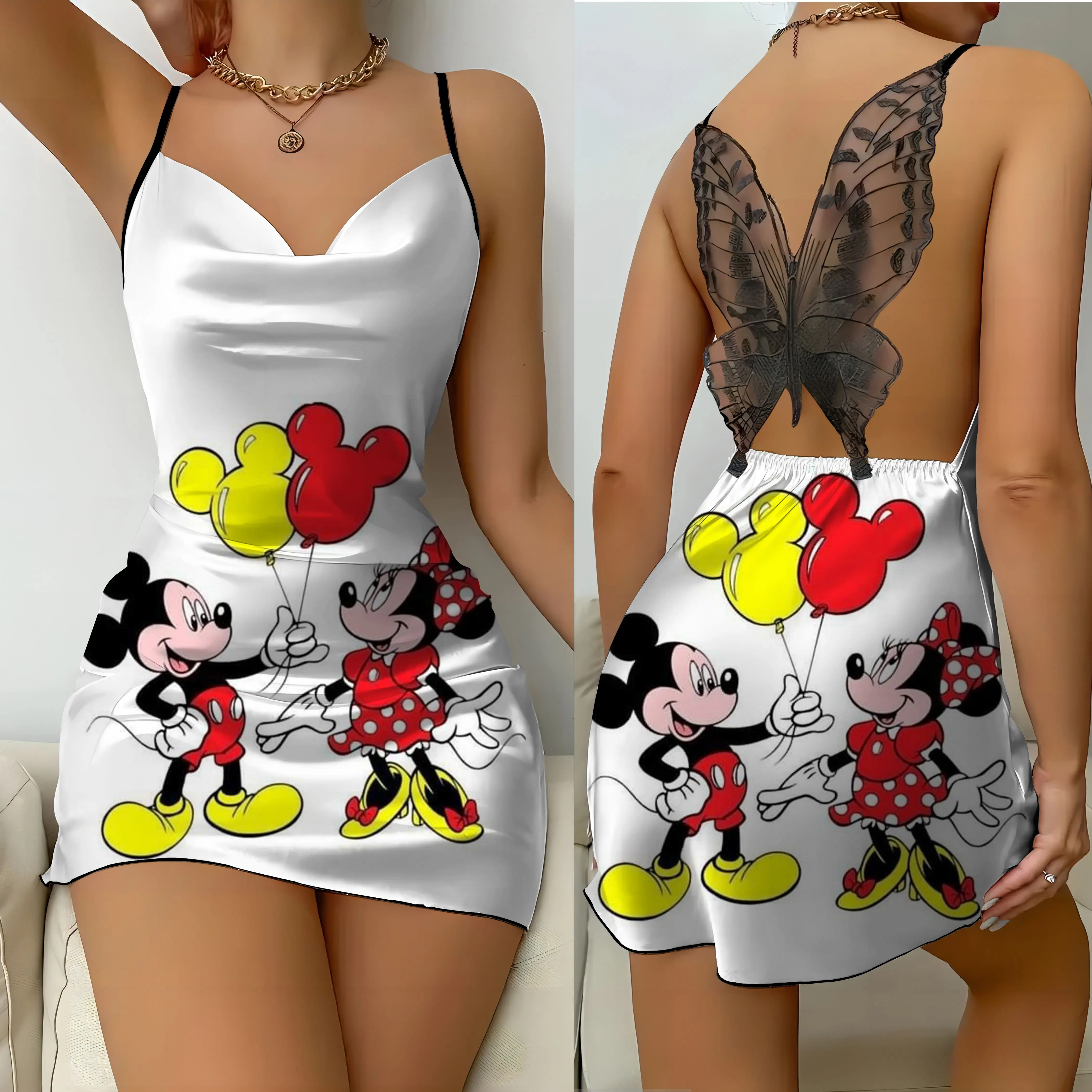 Mickey Backless Dress abiti da festa superficie in raso Disney Minnie Mouse Bow Knot pigiama gonna donna moda estate 2024 Mini Sexy