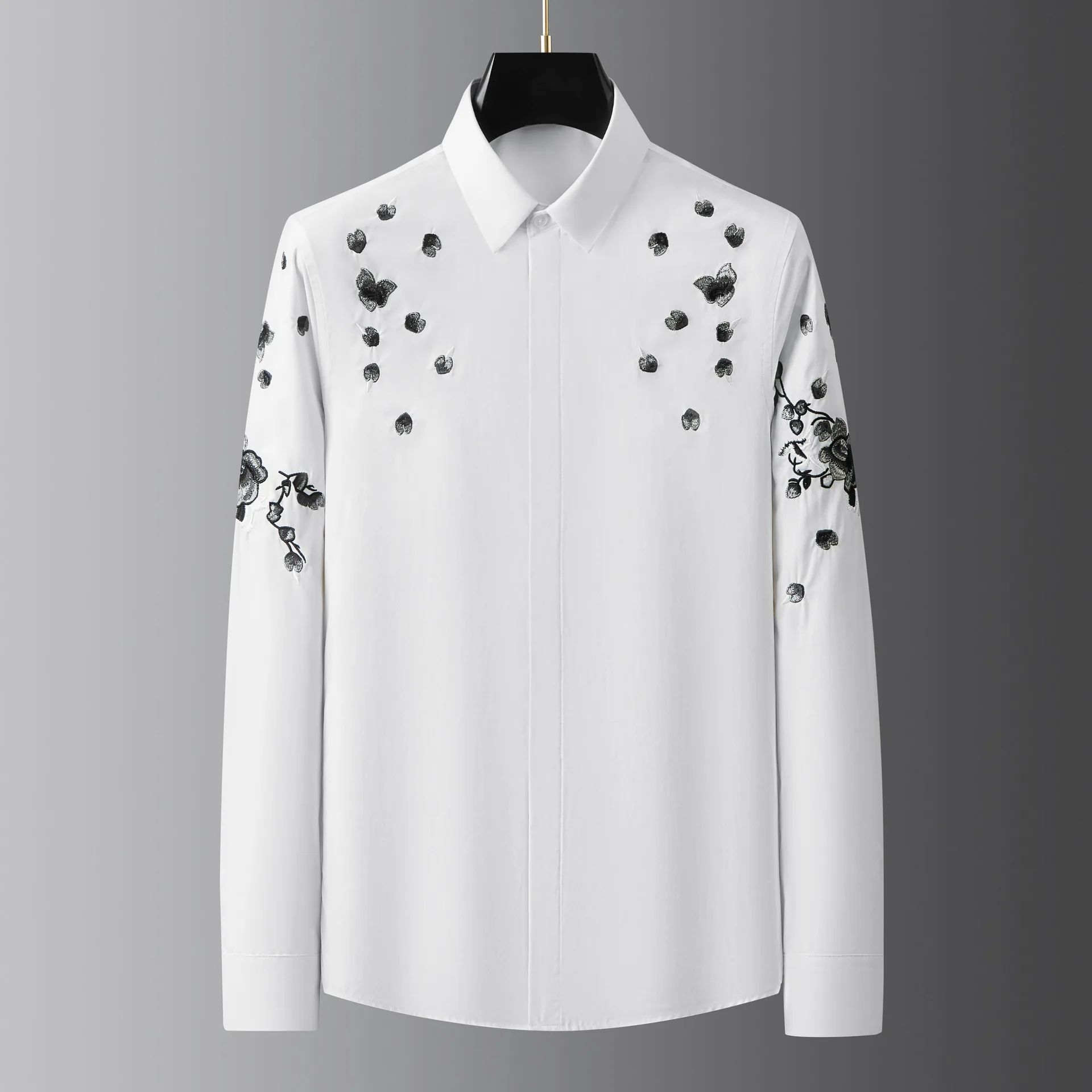 Luxury Flower Metal Silver Thread Embroidered Shirt Men's Long Sleeve Casual Shirt Business Social Banquet Party Dress Shirts