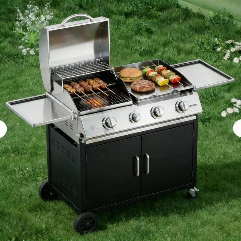 Modern Steel Outdoor Kitchen Trolley Movable Charcoal Grill 3 Burner Folding Camping Picnic Grill Spray Paint Coating Flame