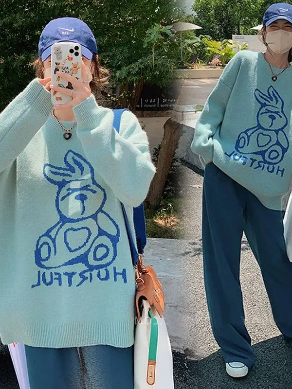 2025 جديد الدب طباعة طويلة Sve محبوك قاعدة irt فضفاضة تناسب Faionable كسول Sle ملابس داخلية الراقية الشعور سترة المرأة #4