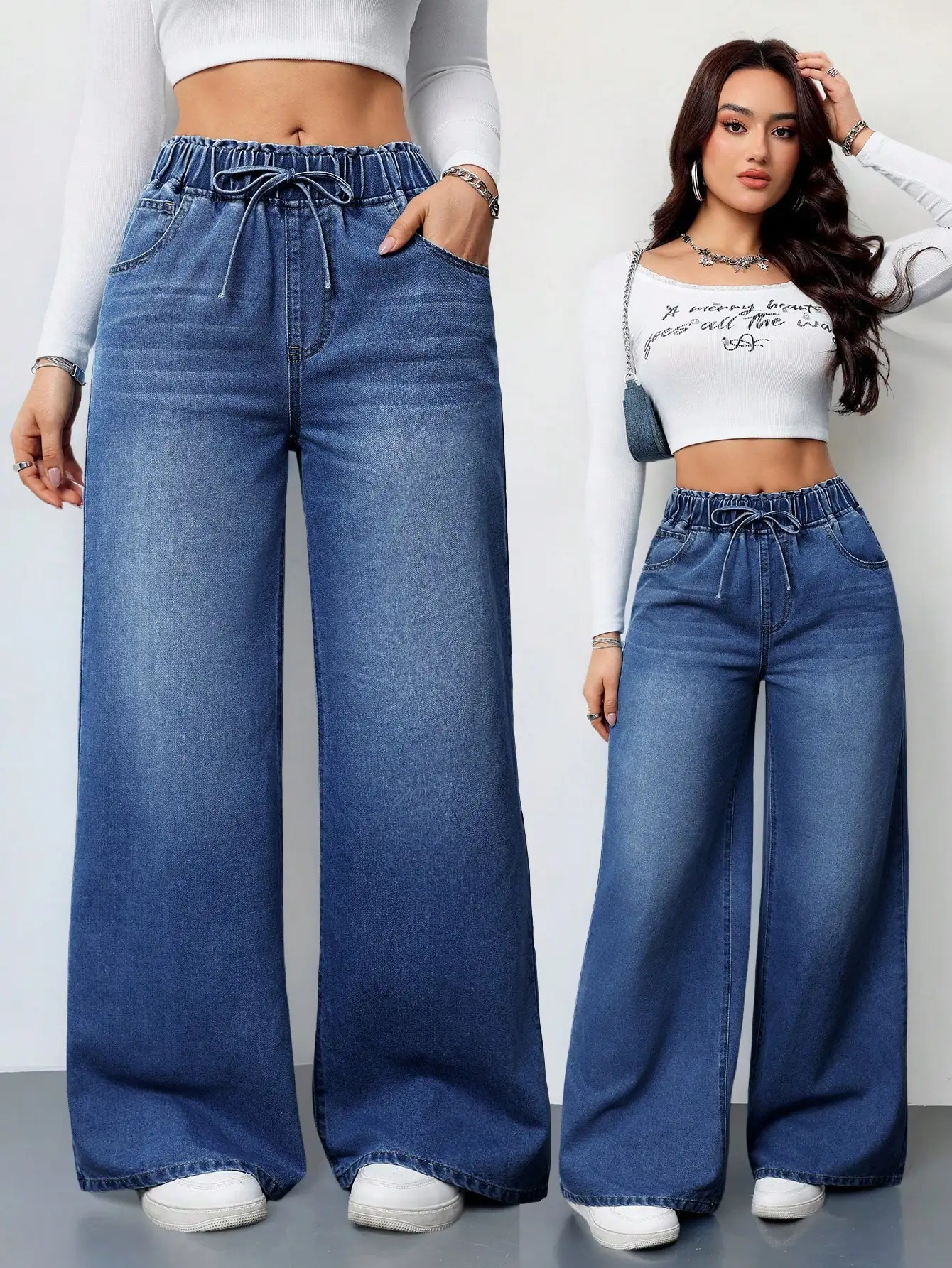 

Women's High Waist Wide Leg Jeans with Elastic Drawstring Waist, Casual Loose Fit Denim Pants for Summer
