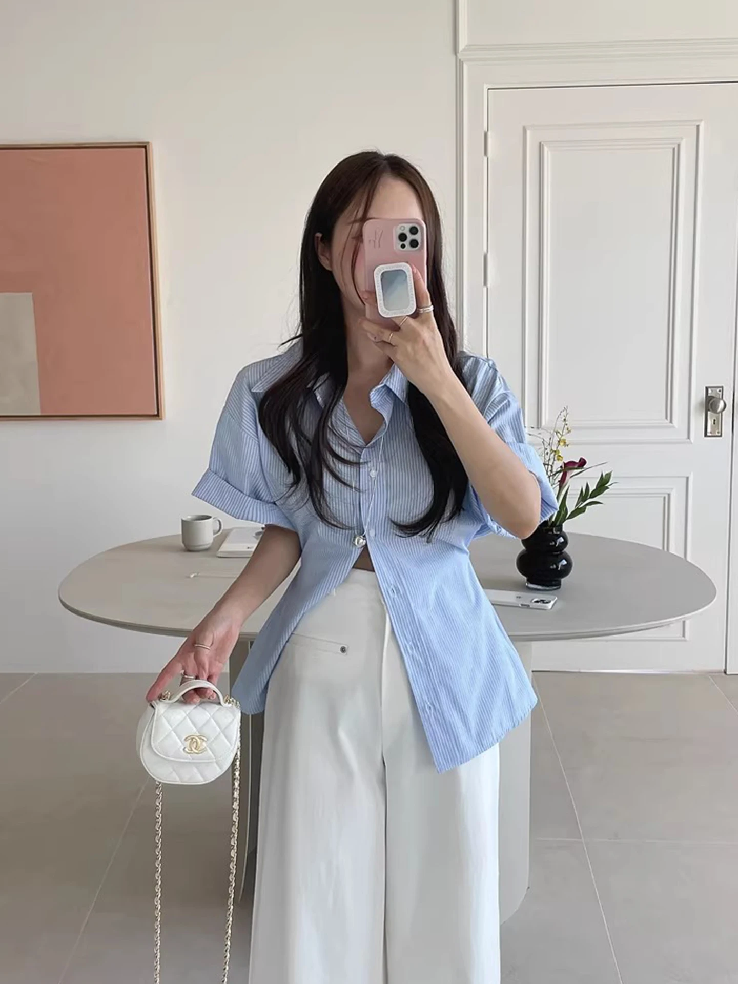 

Liangliang Home Summer New Design Buttoned Waist Cinched Plaid ort Sve irt Women's Top Korean Sle Commute Faion