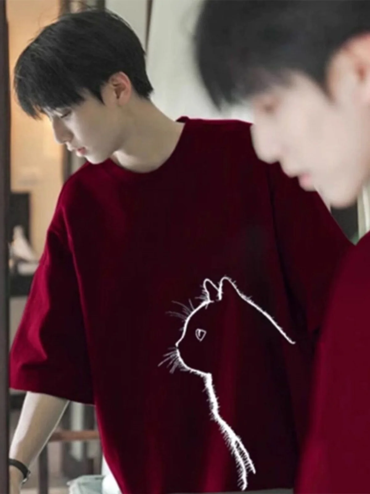 

Cherry Red Cotton ort Sve T-irt Men's Summer Casual Sle Wine Red Print round Ne Antioxidant Faion Streetwear