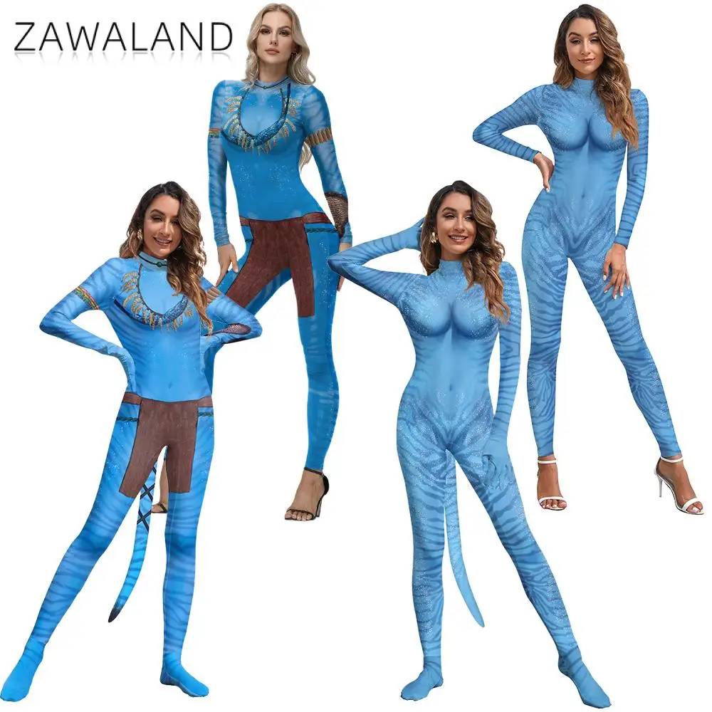 

Women Avatar Cosplay Costume Avatar 2 Movie The Way of Water Roleplay Jumpsuit with Tail Halloween Avatar Dress Up Bodysuits
