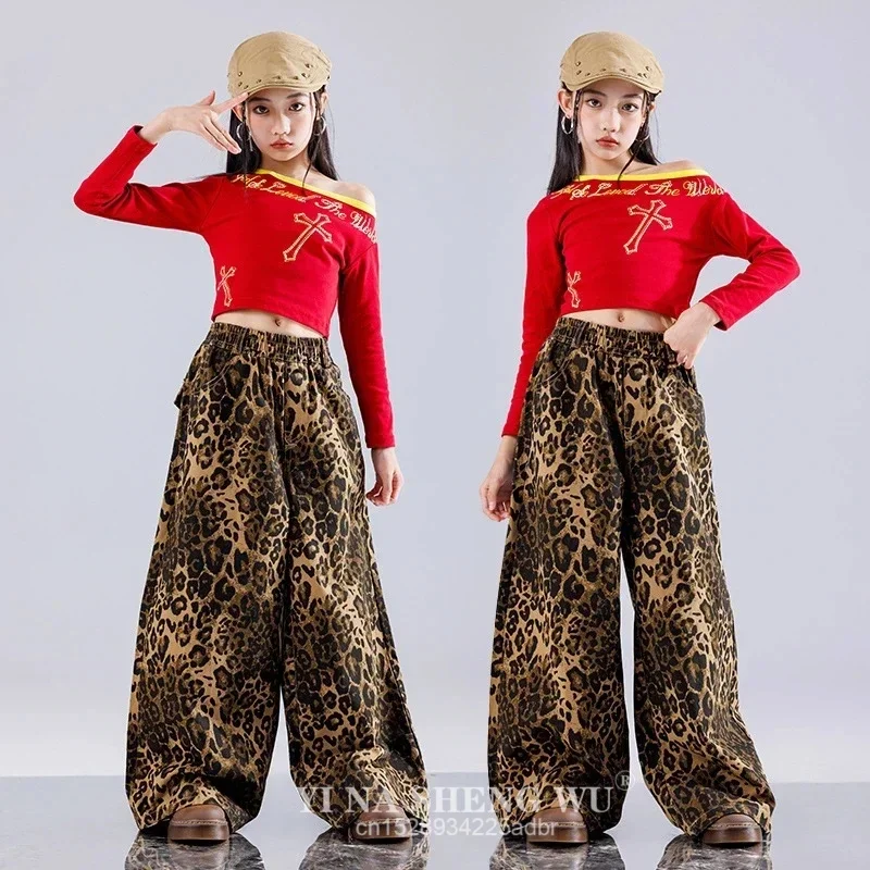 

Укороченный топ и камуфляжные брюки-карго для девочек, комплект детских леопардовых брюк для джазовых уличных танцев, детский наряд в стиле хип-хоп, уличная одежда для девочек-подростков