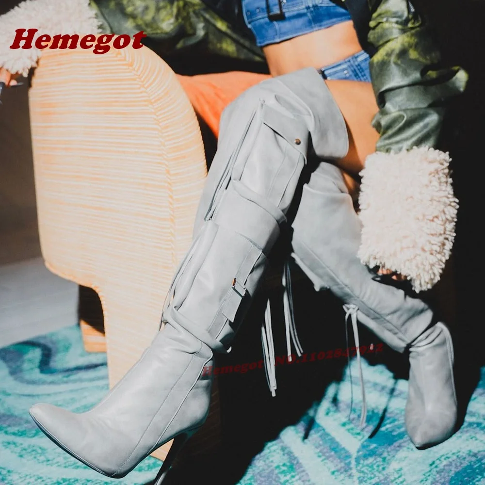 Grey Pocket Tassel Over The Knee Boots Pointy Toe Stiletto Heels Fringe Long Boots for Women Side Zipper Winter Luxury Shoes