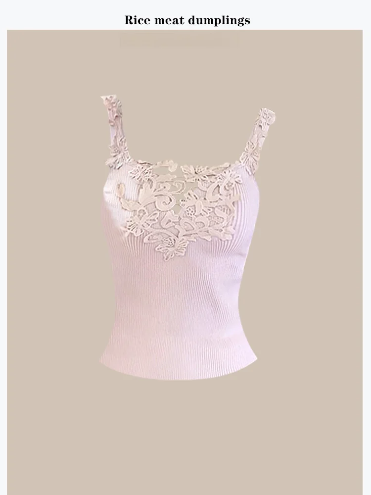 

Elegant Lace Crop Top Slim Fit Inner Wear Tank Top Sexy French Knot Cotton Knitted Women's Summer Short Length Slightly Elastic