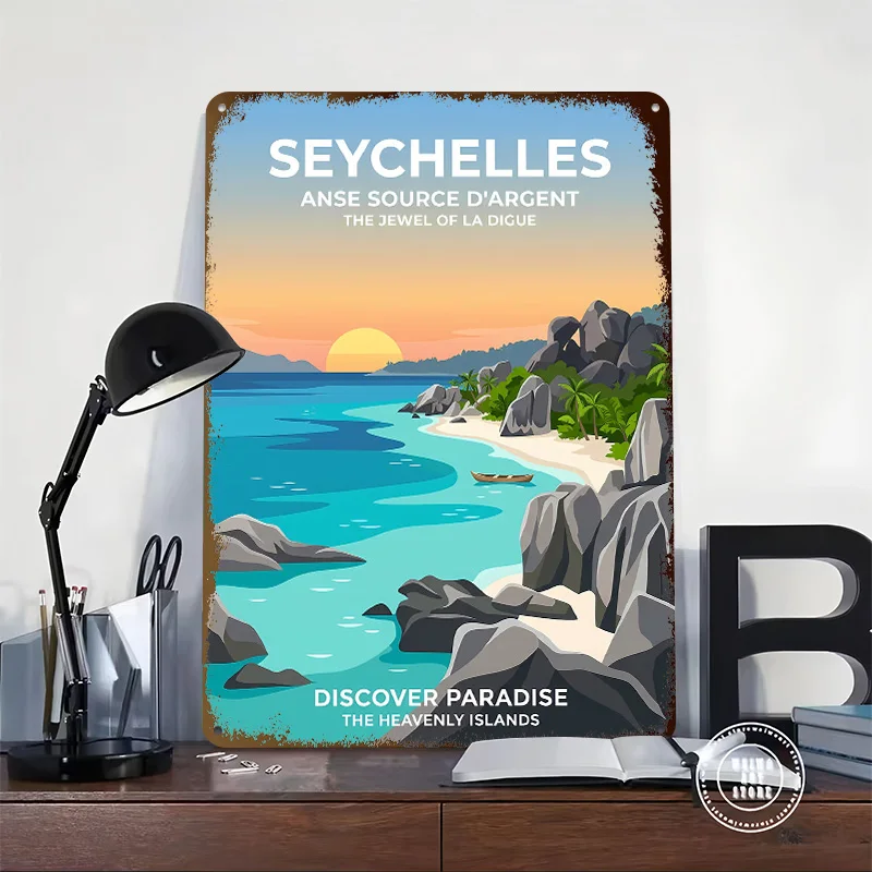 Seychelles Tropical Beach Sunset 3D Texture Metal Poster Customized Wall Art Tin Sign Gift for Mancave Room Decoration Wand Deko