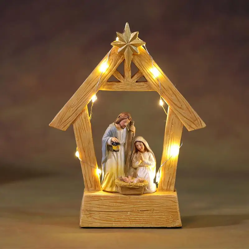 Christmas Nativity Scene Nativity Tabletop Ornament Stable Nativity Set with Lights Holy Family Statue Manger Scene Home Decor