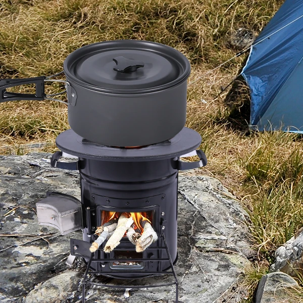 

Wood and charcoal portable camping stove with bag and cast iron cookware
