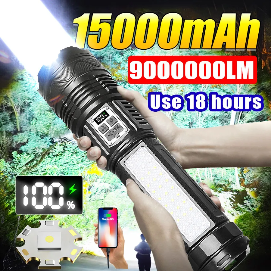 9000000LM Most Powerful LED Flashlight 15000mAh Rechargeable Type-c Flashlight Long Range Tactical Torch Light Hunting Lantern