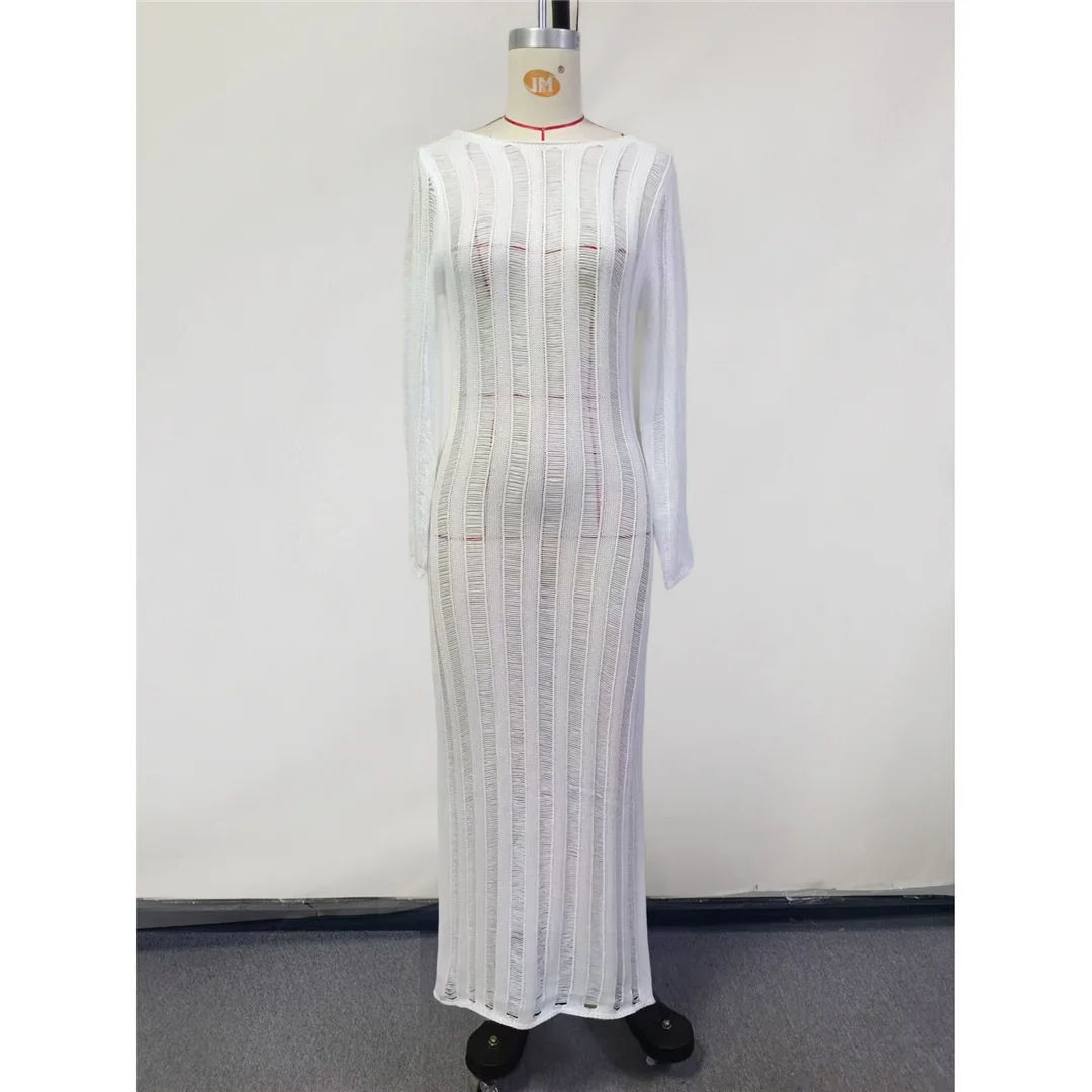 Langärmliges, rückenfreies, durchsichtiges, gehäkeltes, gestricktes Tunika-Strandkleid, Strandmode, Strandbekleidung, Strand-Cover-up, Damen V7006 – Detail 10