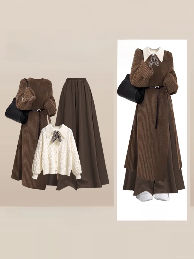 

Зимний повседневный женский комплект из трех предметов: вязаный свитер средней длины, облегающие повседневные брюки и универсальный комплект для дома и отдыха