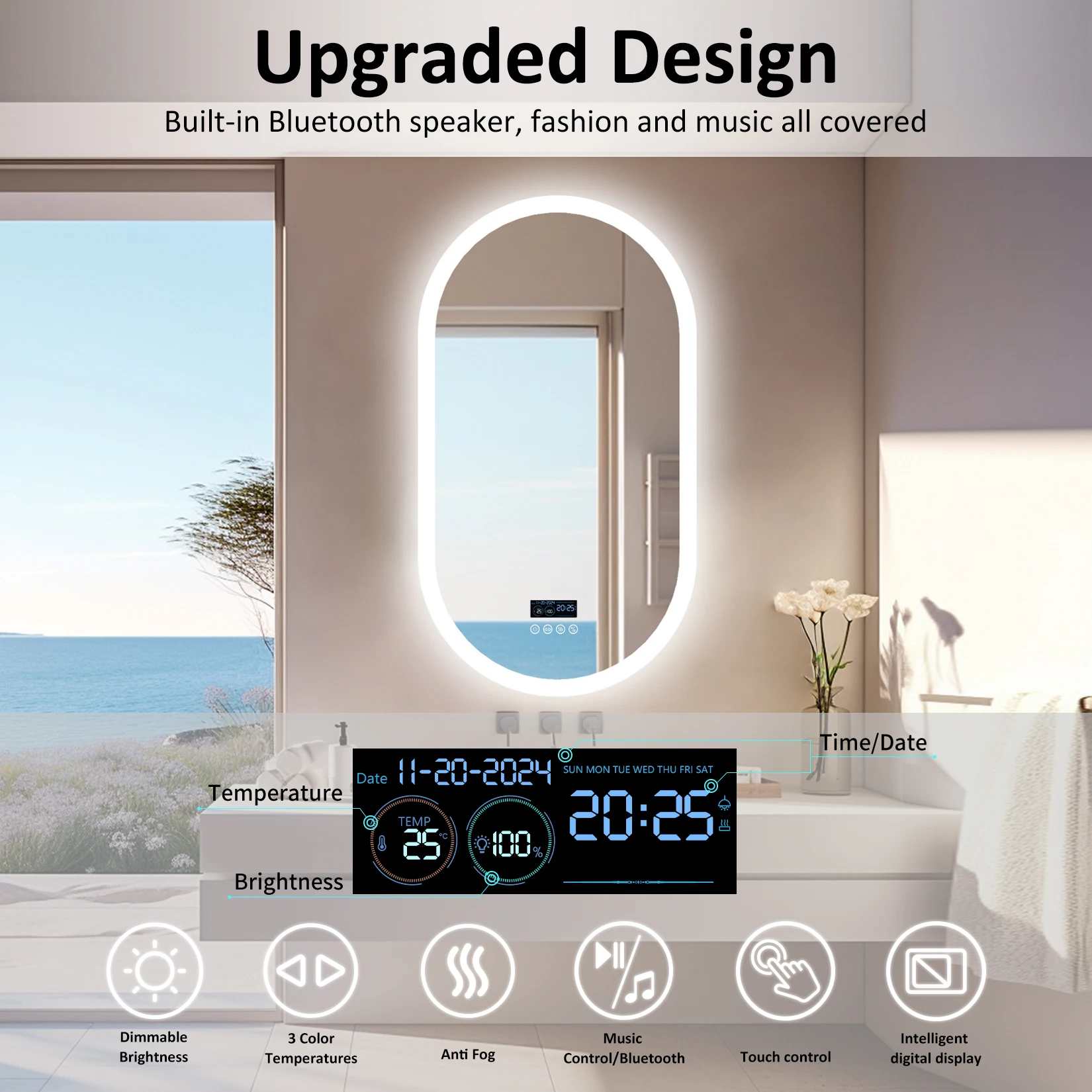 LUVODI Led Lighted Bluetooth Bathroom Mirror Backlit Illuminate Dimming Vanity Mirror with Time Date Display Anti-fog