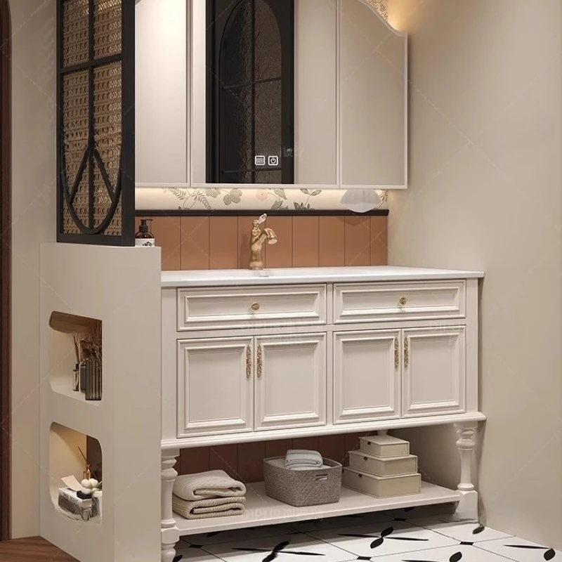Wooden Wall Mounted Bathroom Cabinet with Mirror Drawers and Partitions Organizer for Perfume Skincare Storage Home Furniture