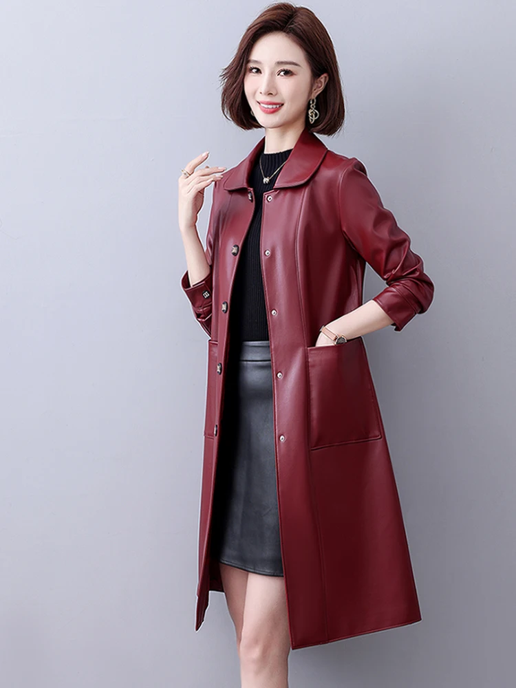 秋冬レディーススリムフィットロングシープスキンレザージャケットミッドレングスコートスリーカジュアルアウターウェア通気性ファッショナブル