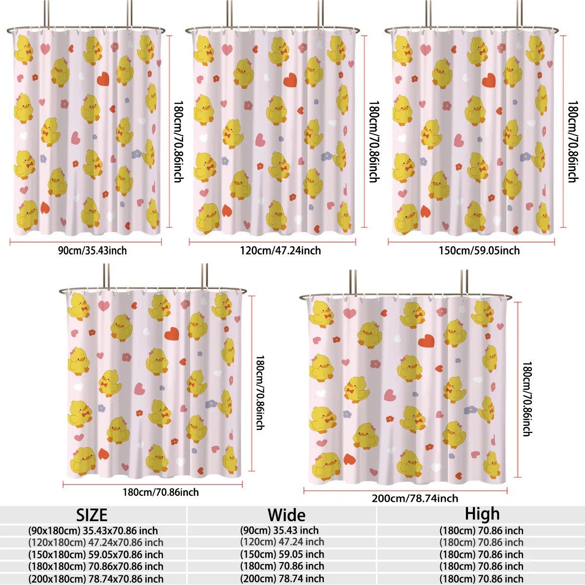 Cute Yellow Chick Shower Curtain Pink Kawaii Bathroom Decor Waterproof Cartoon Animal Heart Floral Shower Curtain Liner