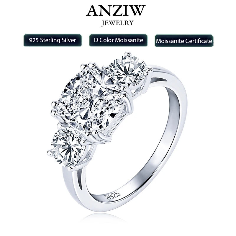 

Anziw 3.5CT Three Stone Engagement Ring Band 925 Silver Sterling Cushion Cut Moissanite Wedding Ring Certified Jewelry For Women