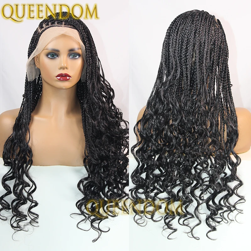 Synthetic Box Braided Wig 28 Inch Faux Locs French Curls Braid Wig with Curly End Full Lace Cornrow Braids Wig for African Women