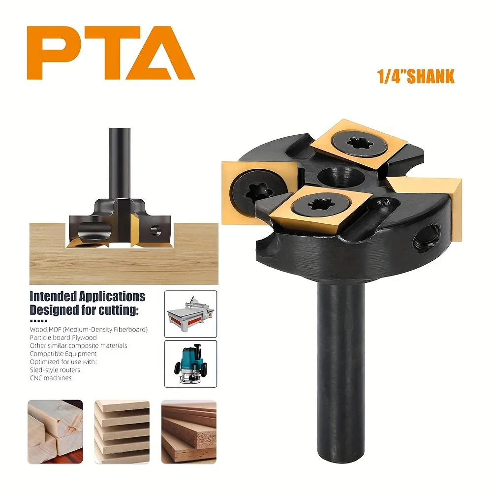 

1pc CNC Carbide Insert Surfacing Router Bit -Handle Four Blade Slotting Wood Planer Bit Insert Carbide Slab Flattening Bit