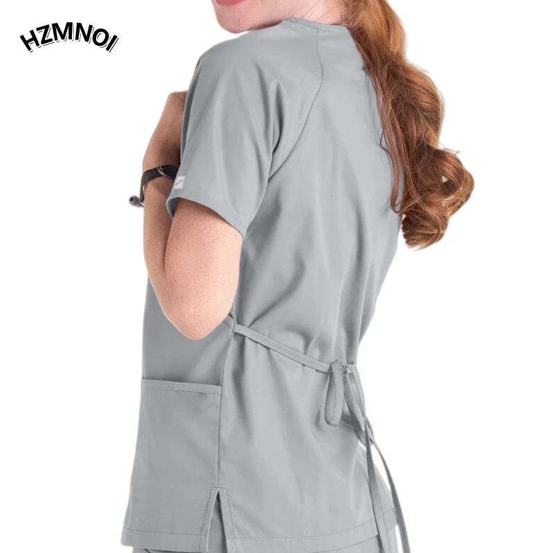 Bath, SPA V-neck Short Sleeved Workwear, Pet Hospital Nurse Comfortable Hand Washing Clothes Lace Up Top Waist Cinching Suit Set
