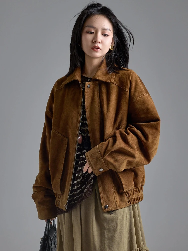 빈티지 정품 가죽 여성용 오토바이 재킷 2025 가을 겨울 신상 고급 심플 루즈핏 양가죽 스웨이드 코트
